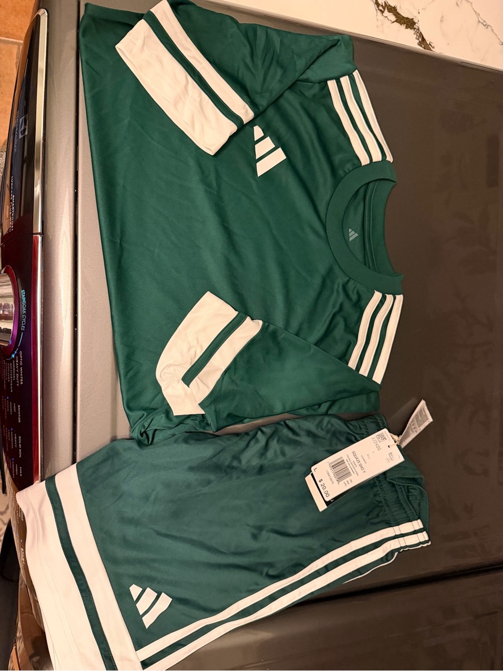 Adidas Green and White Three-Stripe Soccer Kit